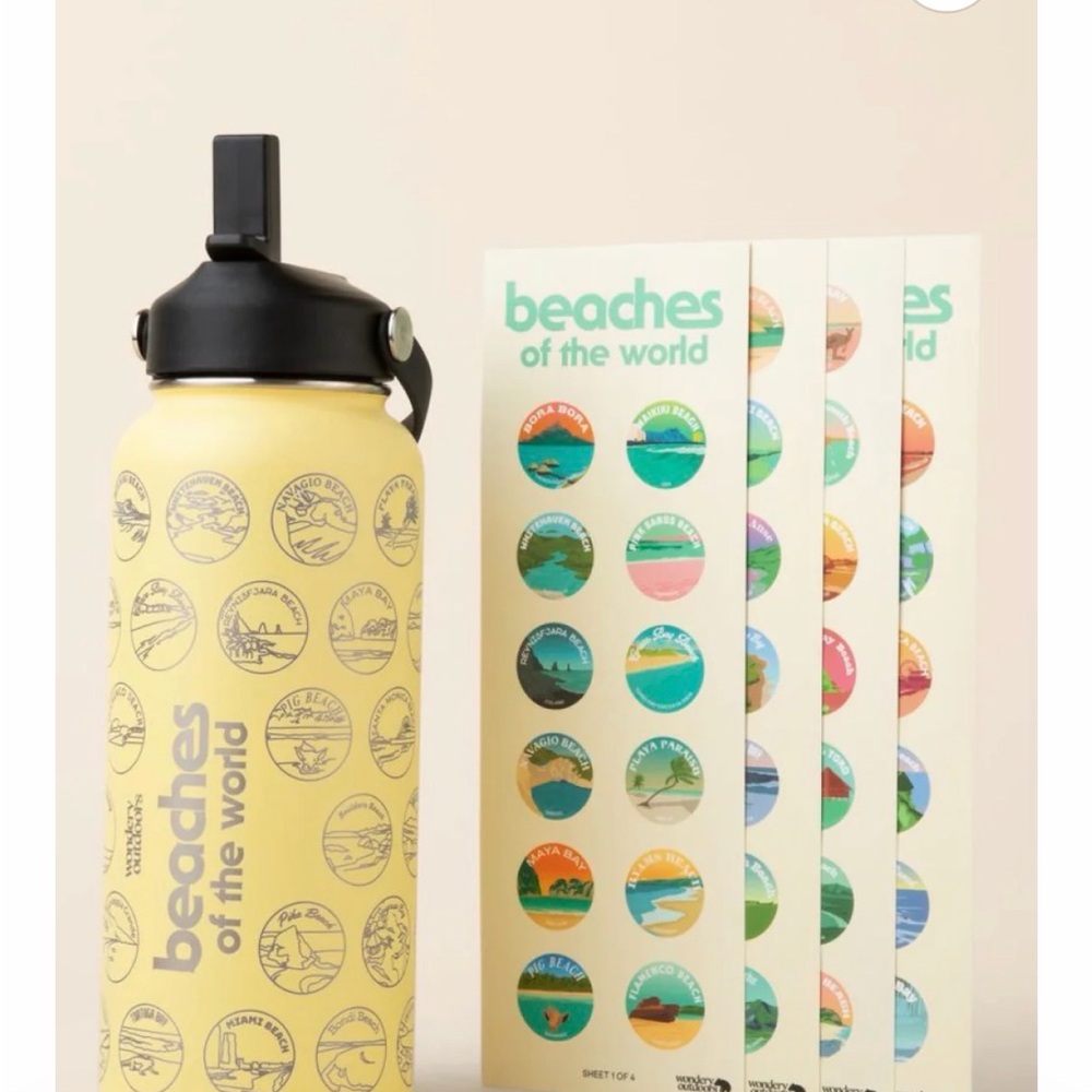 Beaches of the World Yellow Stainless Water Bottle with Sticker Sheets